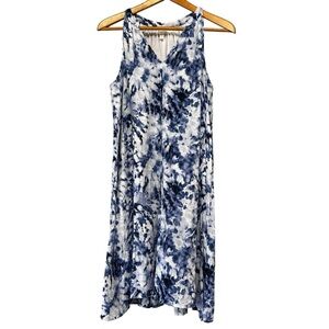 Garnet Hill Blue White Tie Dye Sleeveless Cotton Midi Dress Size Small Coastal